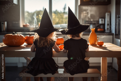 two little girls in witches costume carving pumpkins in the kitchen for Halloween, candid