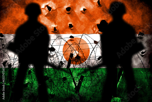 Niger flag double exposure. Symbol depicting a coup d'état. Niger coup and civil war. Suitable for basemaps or report descriptions