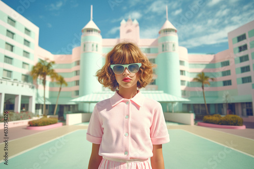 Cute little school girl in pink school uniform ready to learn and acquire new knowledge. The end of summer and the beginning of autumn in a city on the coast with palm trees.