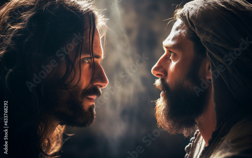 Jesus and Judas in profile facing each other confront each other