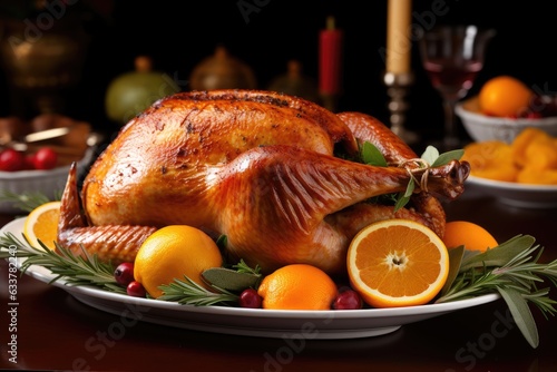 A Thanksgiving-themed turkey dish with oranges and cranberries