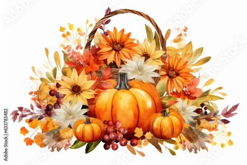 A colorful basket filled with a vibrant mix of flowers and pumpkins