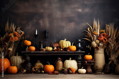 A bountiful harvest table adorned with pumpkins and gourds in various shapes, sizes, and vibrant colors