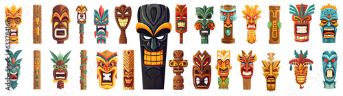 Tiki masks isolated on white background. Cartoon vector illustration, icons set