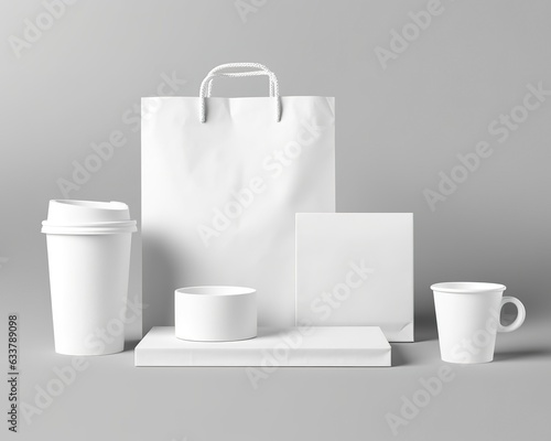 Blank bag, coffee mug, and cup on a light background. 
