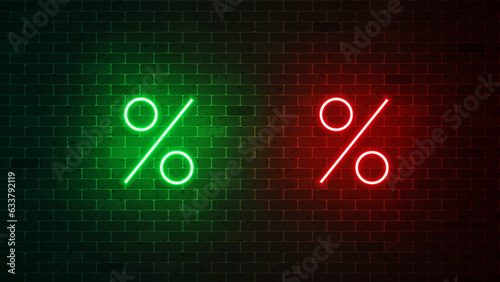 Percentage glowing neon sign. Percent green and red icon. Vector illustration