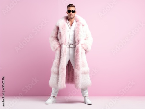 Fullbody portrait of a fictional white man in pink fur coat standing. Pimp guy with sunglasses. Isolated on a plain pink colored background. Generative AI.