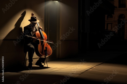 Whispers of Euphony: Street Virtuoso with Cello Enchanting Beneath Dimly Lit Lamp, Their Face Concealed by Shadows, Hands and Strings Dancing in Soft Light Generative AI