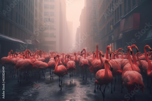 Flamingos Gracefully Navigate New York's Mist