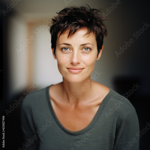 portrait de femme cheveux court yeux clairs entre 35 et 40 ans, léger sourire, regard pétillant et malicieux