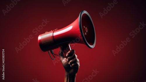 Red megaphone in black mans hand. Generative Ai illustration
