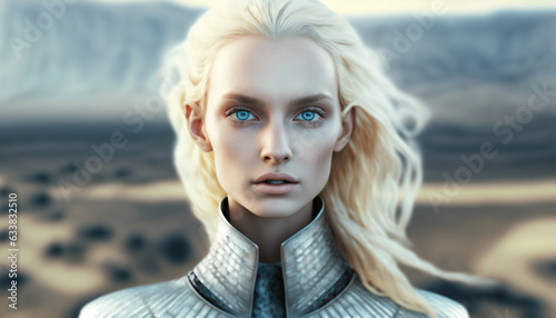 Beautiful Pleiadian, Nordic Extraterrestrial Humanoid Alien with blonde hair and blue eyes. Made by Generative AI