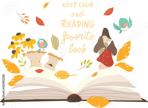 Cartoon Open Book with Autumn Leaves and Mushrooms. Vector Illustration