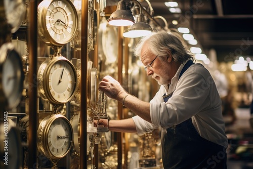 Man fixing clock in watch shop. Generative AI