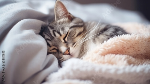 Cute cat is sleeping in the bed on warm blanket. Generative AI