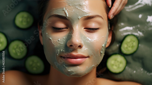 Beauty caucasian female woman with clean pure skin taking spa with cucumber slices and facial mask. Skin beauty health care concept. Created with Generative AI technology.