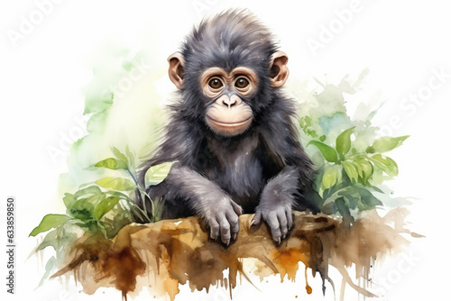 Watercolor painting of baby gorilla with copy space for text. Beautiful artistic animal portrait for poster, wallpaper, art print. Made with generative AI