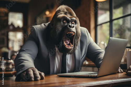 erstaunter, überraschter und schockierter Gorilla im Business Anzug vor dem Laptop bei der Arbeit im Büro / Home Office. Generative Ai.