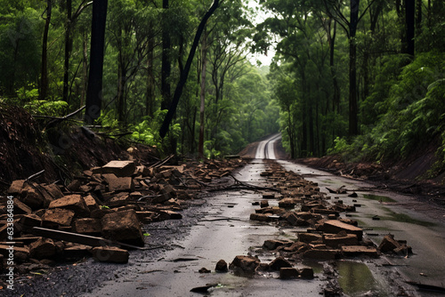 path in the forest. natural disasters. village landslide on the road. stones. difficulty on the road. forest after the rain. natural elements. road flooding. do not pass the car