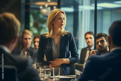 A dynamic shot of the woman leading a discussion, demonstrating her leadership skills 