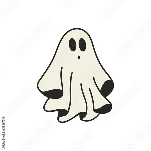 Spooky halloween ghost. Fly phantom spirit with scary face. Ghostly apparition in white fabric vector illustration