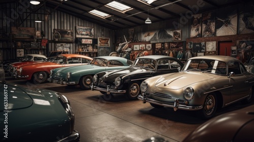 A vintage car shop with classic cars