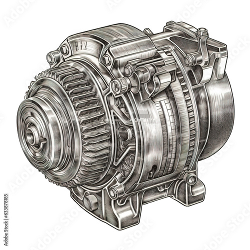 and drawn illustration of alternator in engraved style isolated on transparent or white background. Generative AI