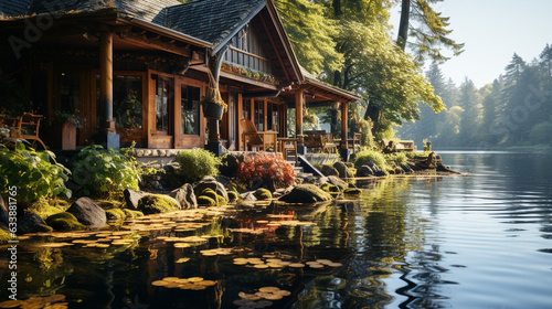 Adventure in non urban scene rustic boathouse on tranquil pond