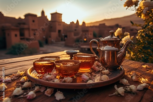 Moroccan Tranquility. At a Rustic Table with Blooming Mint Tea, Enjoy the Serenity of a Sunset with Old Houses in the Background. Traditional Refreshment AI Generative.