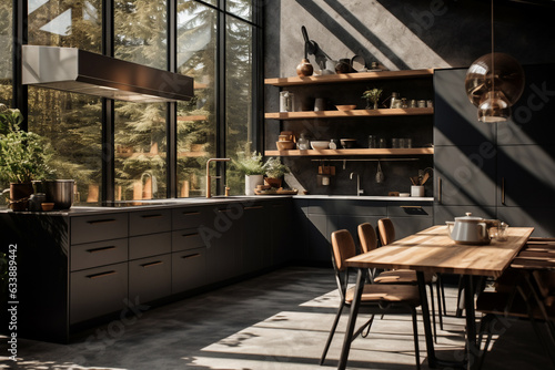 A scandinavian black kitchen is lit with sun beams coming in from the left without people present