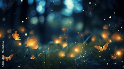 Magic forest floor background with fireflies and illuminated butterflies