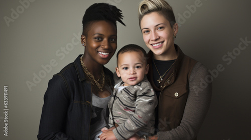 two lesbian mothers, one black woman and other white latina genderless with an adopted child isolated over a dark background. studio photo of LGBTIQ+ about adoption and modern families
