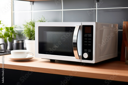 Modern white and black microwave in house kitchen