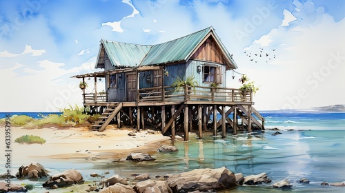 Beach shack watercolour painting