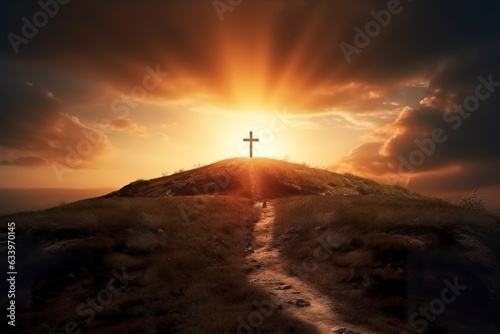 The cross of God in the rays of the sun. Cross on the hill. Religious concept. 