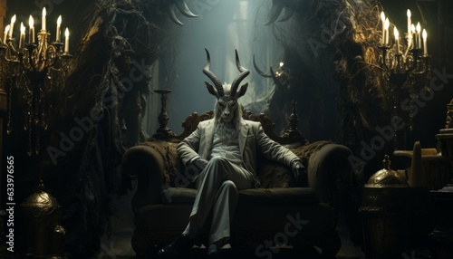 fashionable man in goat mask, satyr businessman sits in lair, boss sinner satan. Made in AI.
