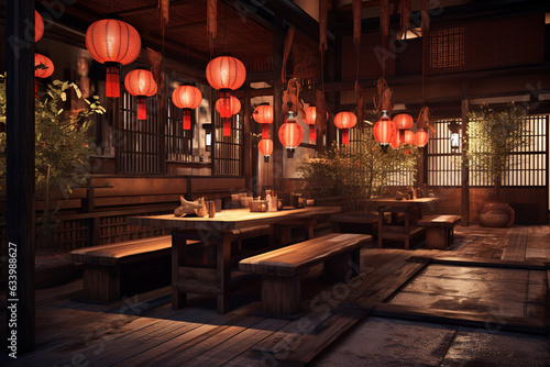 Craft a Japanese izakaya with traditional tatami flooring, paper lanterns, and wooden shoji screens, enveloping guests in an authentic, cultural ambiance." 