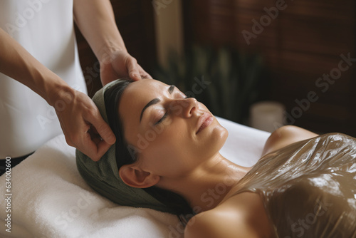 A skilled esthetician applying a nourishing body wrap to the woman, creating a serene atmosphere 