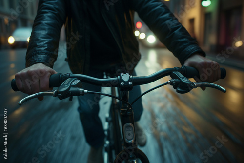 A close-up of the courier's hands firmly gripping the handlebars, guiding the bicycle through the streets 
