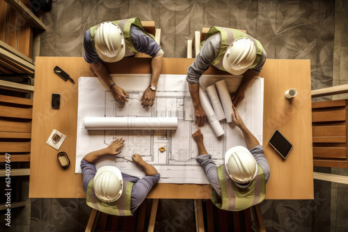 Three construction workers working on construction drawings and paperwork.