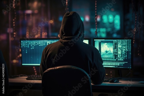 Back view of hacker in dark blue light room