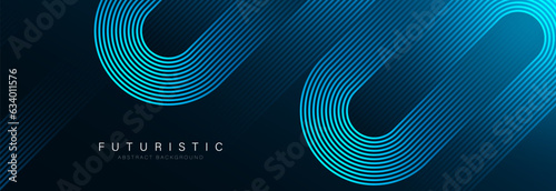 Abstract dark blue background with glowing geometric lines. Modern shiny blue diagonal rounded lines pattern. Futuristic concept. Horizontal banner template. Vector illustration