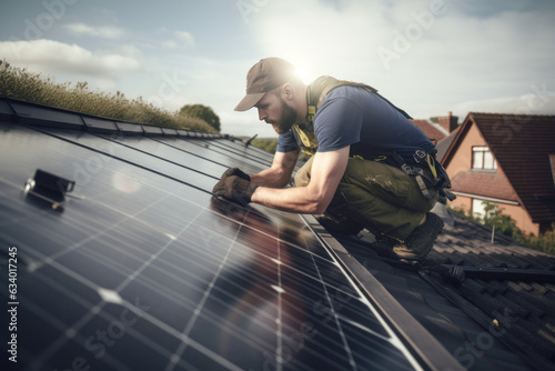 of a technician installing solar cells on the roof of a house