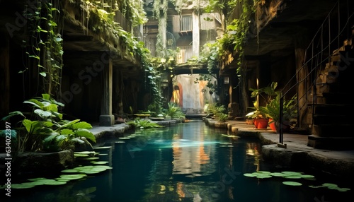 a 12 story deep and tall cenote full of permaculture gardend with flowering vines everywhere