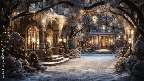 the enchanting beauty of a snow-covered garden adorned with glimmering holiday decorations, such as sparkling snowflake ornaments, and fairy lights wrapped around trees