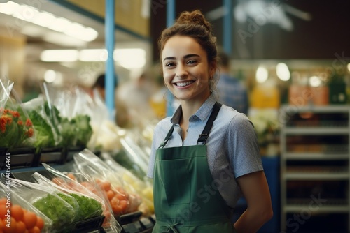 Young Saleswoman in Apron Assisting at a Supermarket, Generative Ai