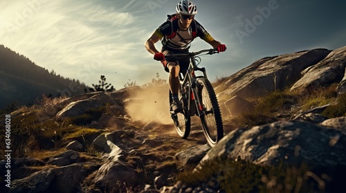 Rugged Mountain Biking Expedition: Man Tackling Rock Hills on Bike