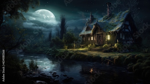 halloween haunted house in the forest, swamp witch hut