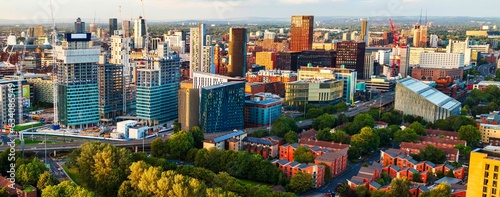 Panoramic Aerial View of Manchester Skyline on a beautiful sunset hours (Golden Hour) 