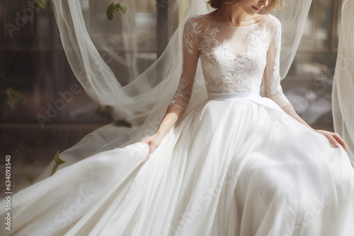 Beautiful bride in a white wedding dress is preparing for the wedding ceremony